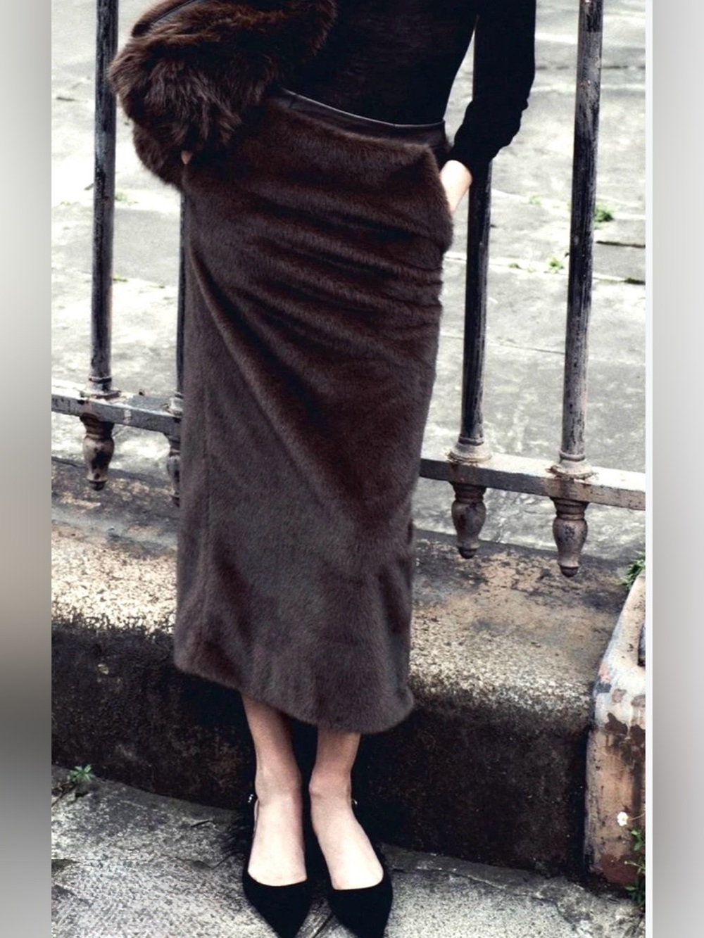 ZARA Studio Faux Fur Pencil Midi Skirt Brown Faux Leather Trim XS